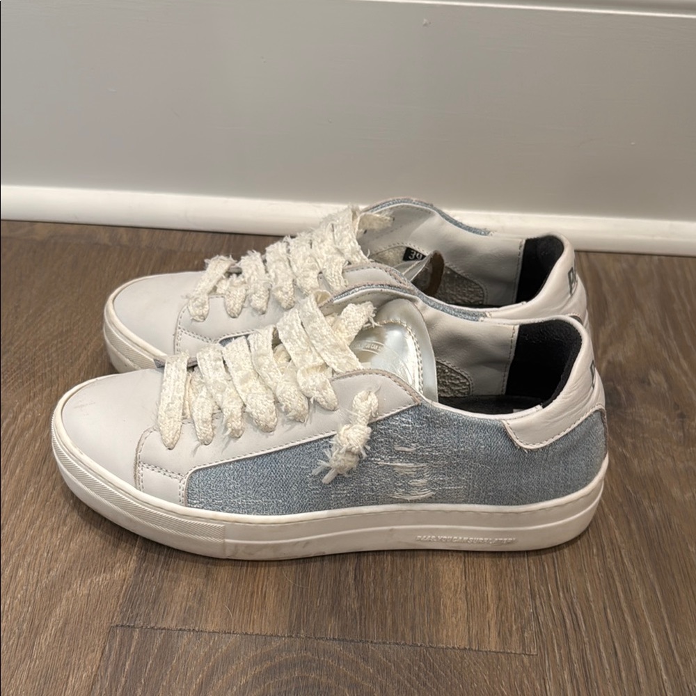 P448 White and Gray Sneakers with Leather Material and Low-Top Design